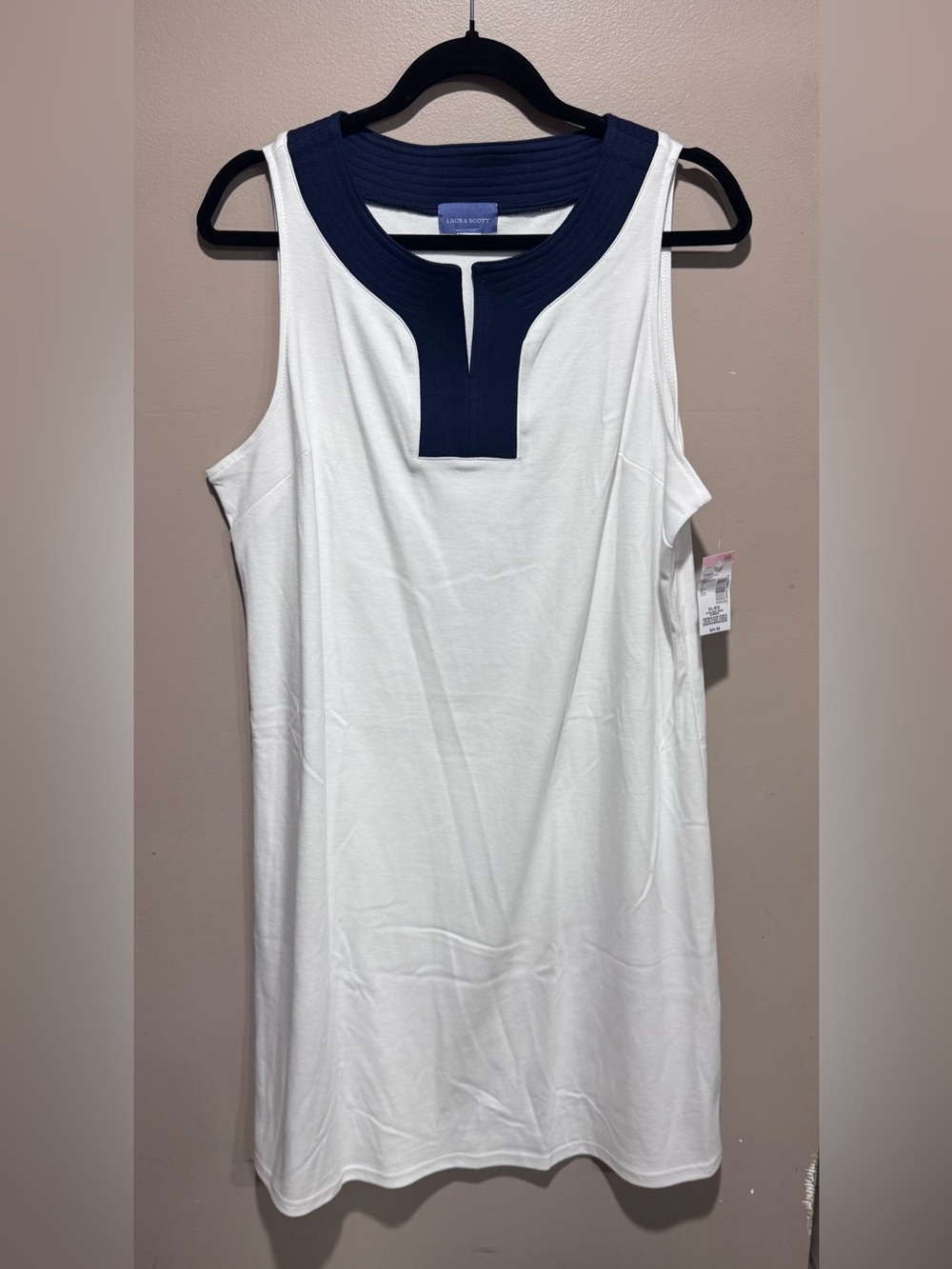 Laura Scott White Sleeveless Dress with Navy Trim XL